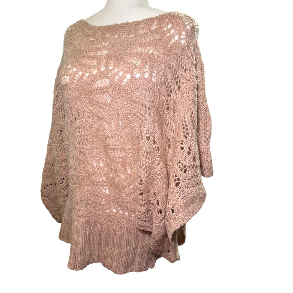 BCBGMAXAZRIA Oatmeal Open Knit Lace Inspired Wool Blend Poncho Sweater, Large